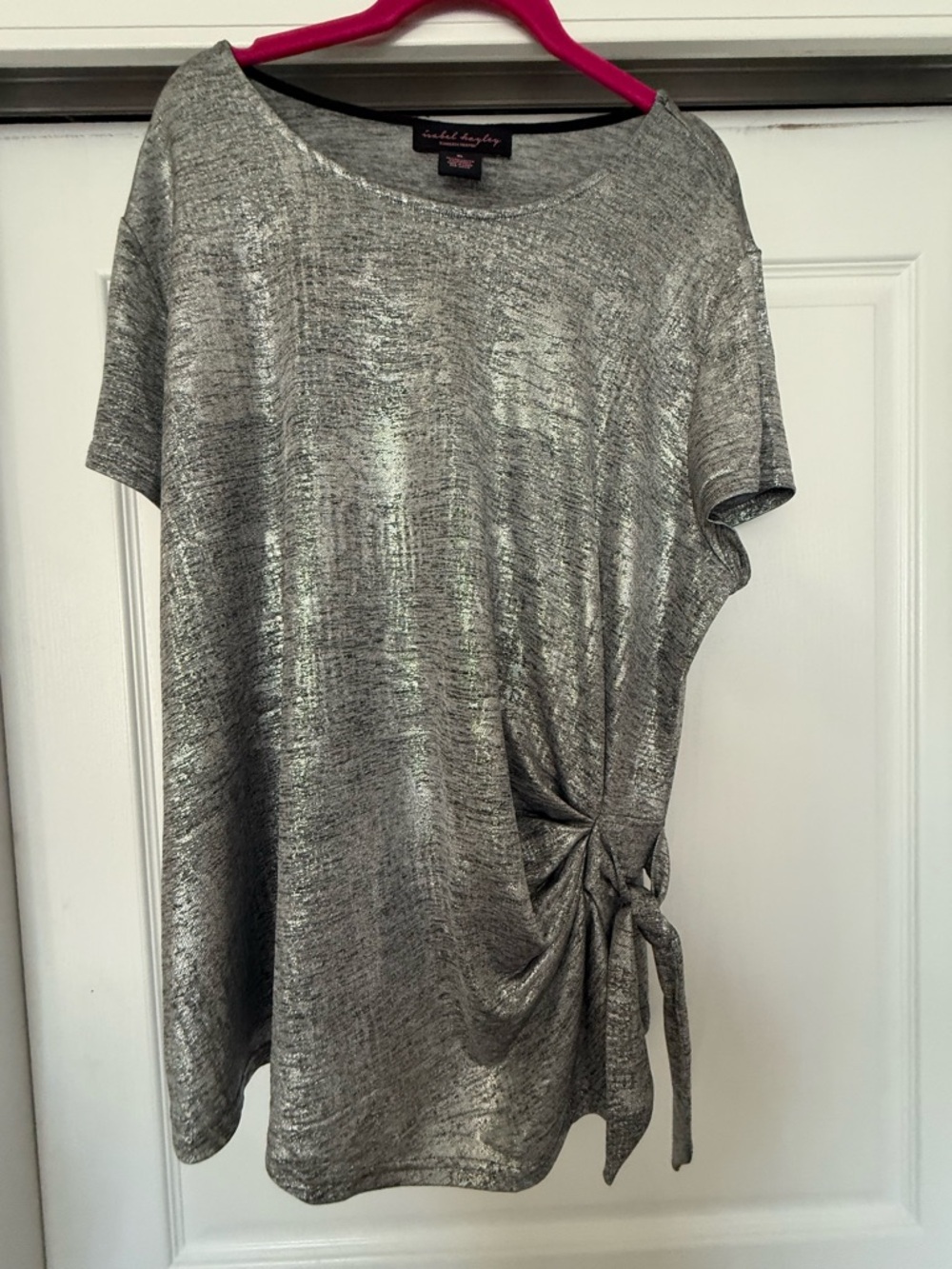 Silver Metallic Side-Tie Short Sleeve Top